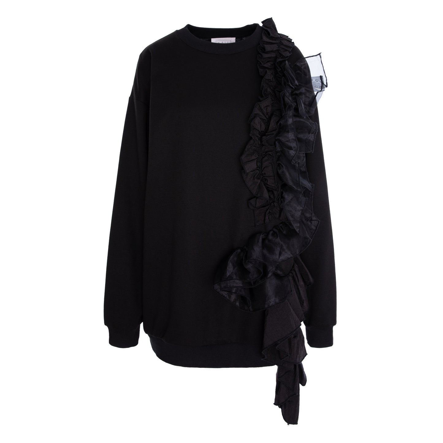 Hanorac negru oversized cu volan aplicat