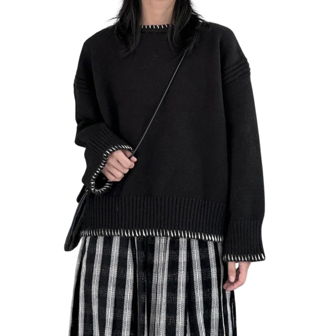 pulover negru lana maneca larga cusatura alba