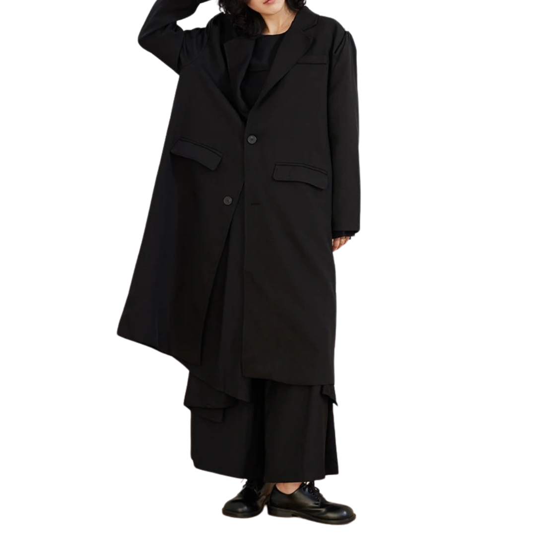 trenci lung negru cu umeri supradimensionati