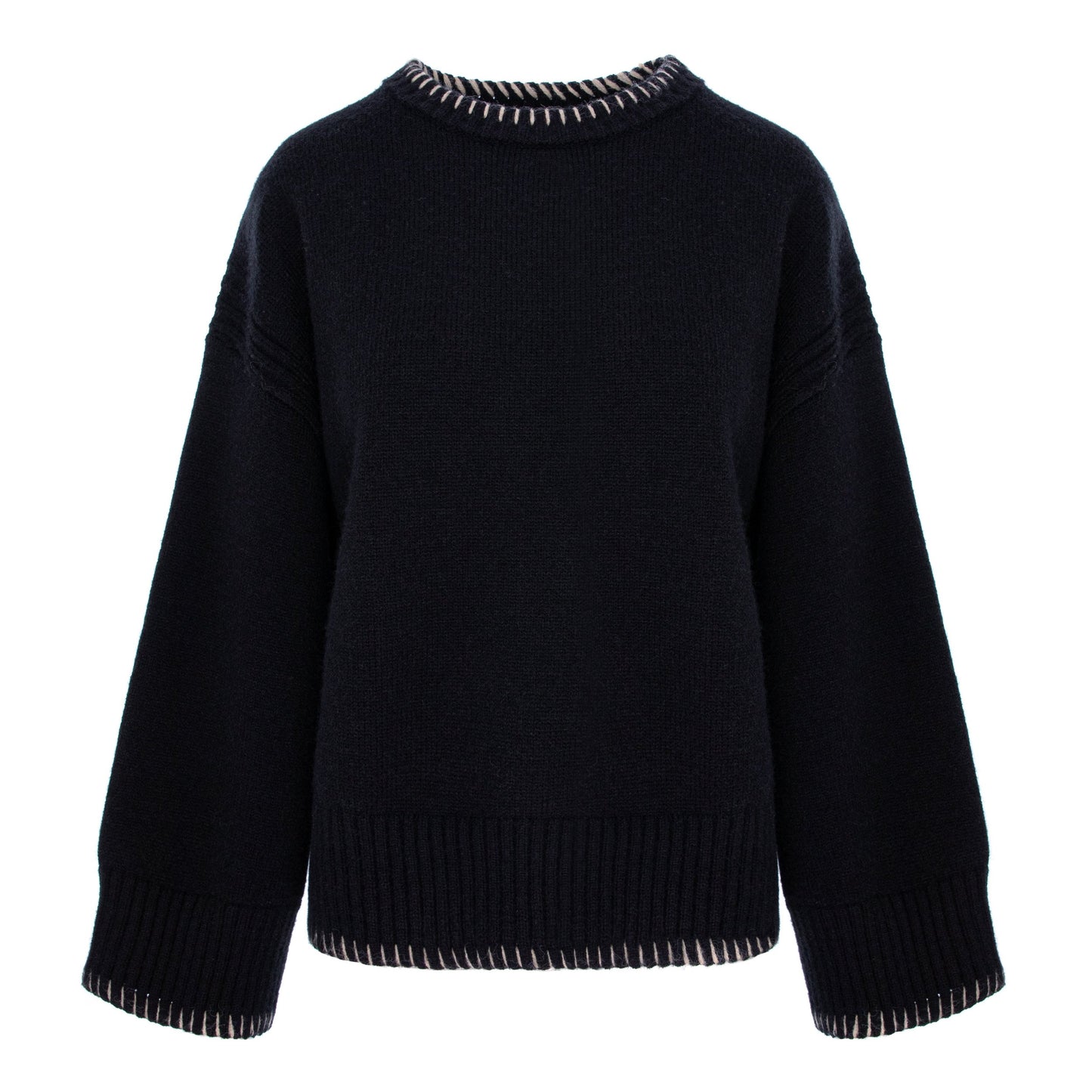 pulover negru lana maneca larga cusatura alba