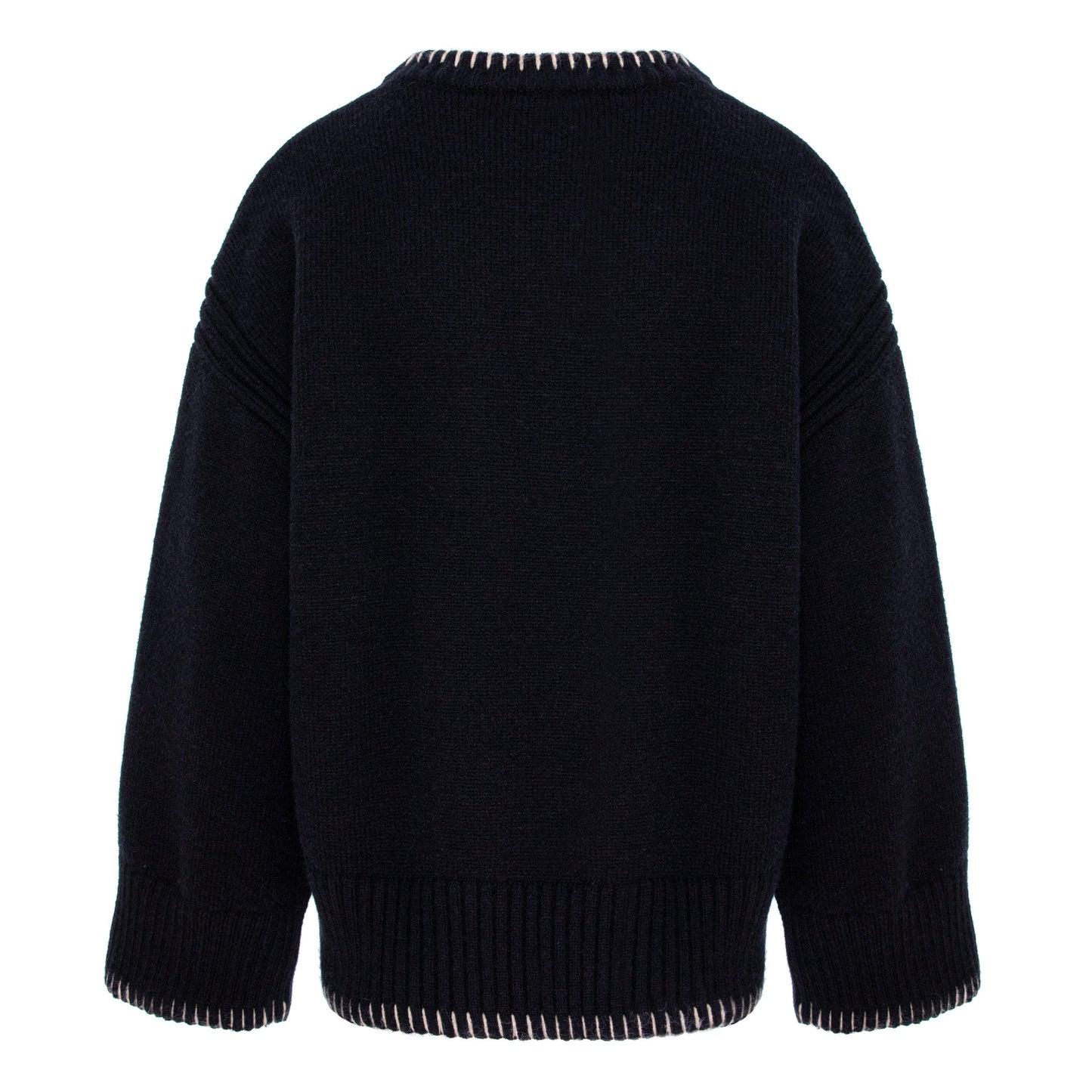 pulover negru lana maneca larga cusatura alba