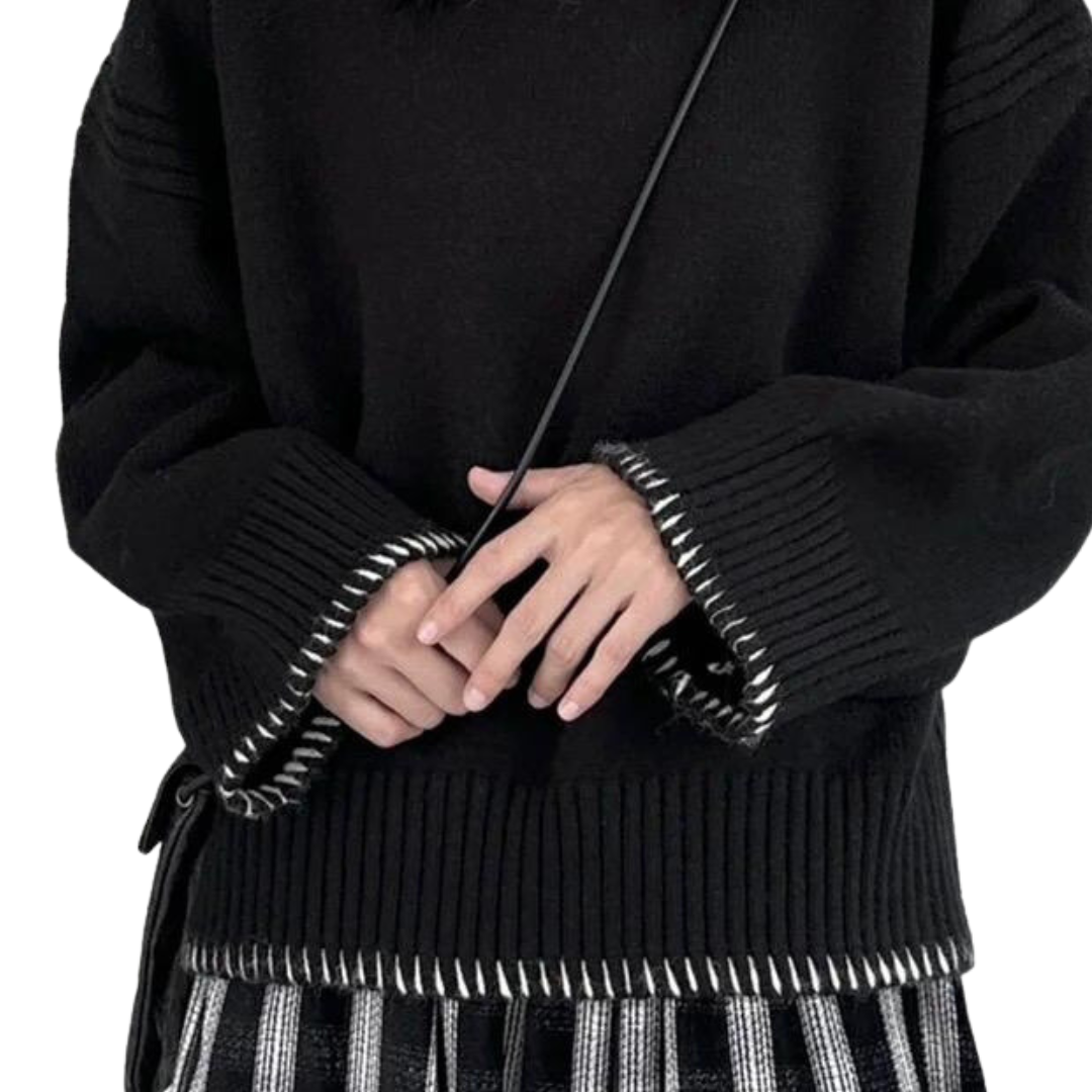 pulover negru lana maneca larga cusatura alba