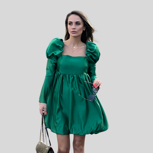 rochie mini baby doll verde maneca lunga