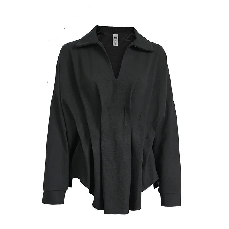 bluza camasa neagra oversize maneca larga pense decolteu v