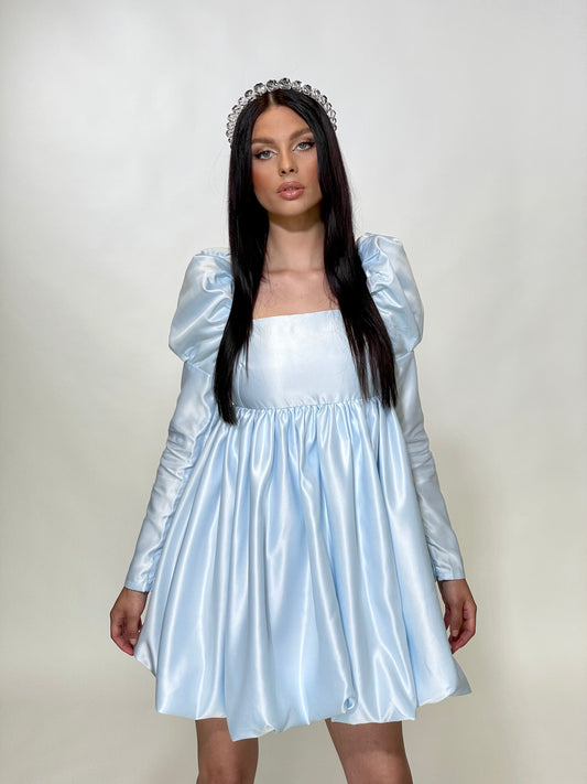 rochie mini baby doll bleu maneca lunga