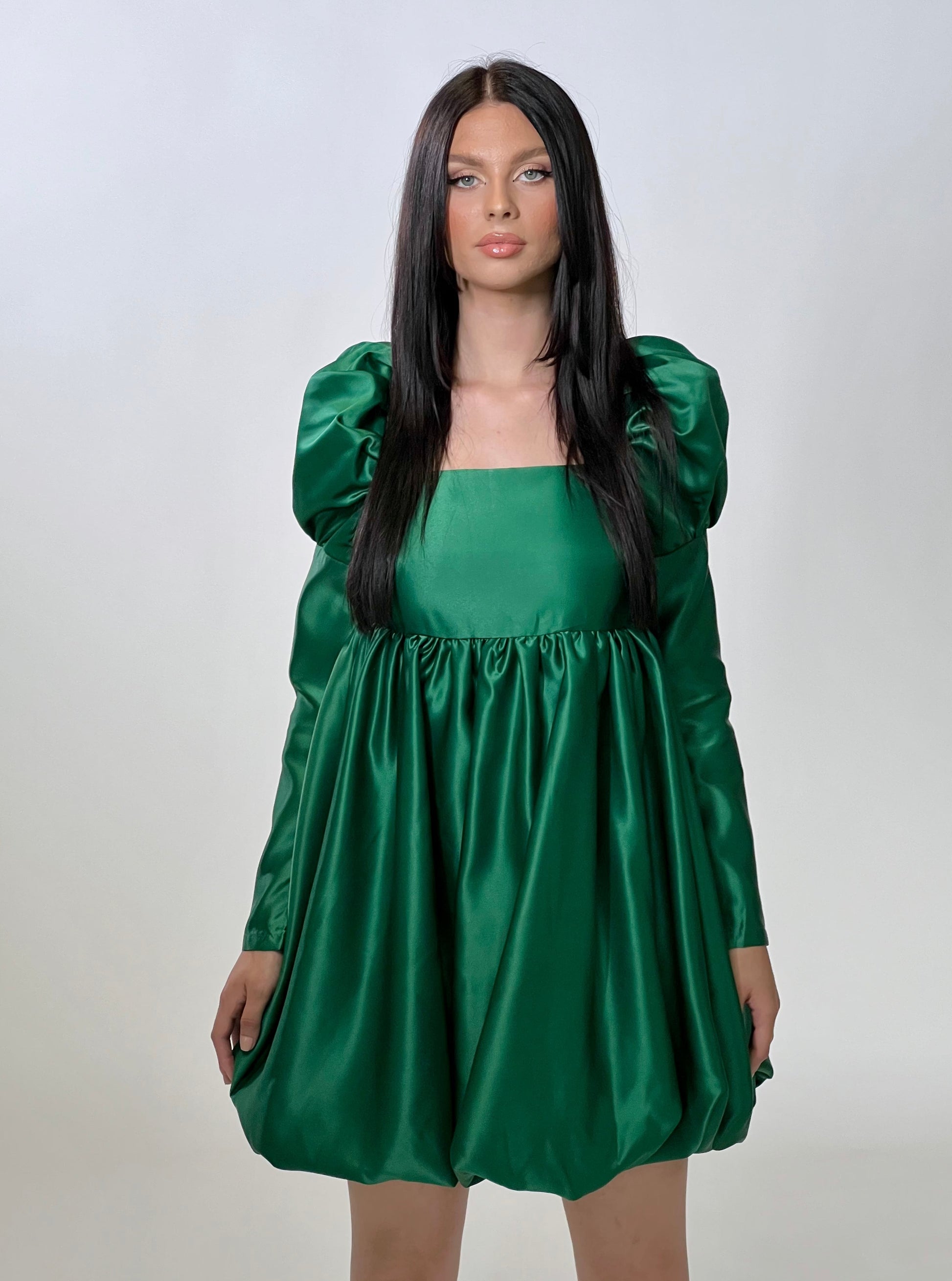 rochie mini baby doll verde maneca lunga